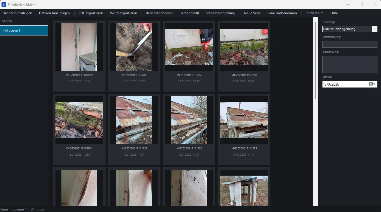 Programmfenster mit einer Fotoserie als Bildraster